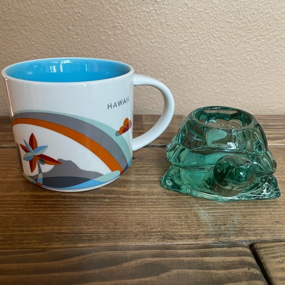 Hawaii Starbucks You Are Here Cup Green Glass Turtle Holder